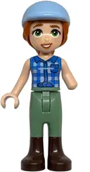Minifigurka: FRND0889:  Friends Autumn - Blue Tied Flannel Vest, Sand Green Trousers, Dark Brown Boots, Bright Light Blue Horse Riding Helmet