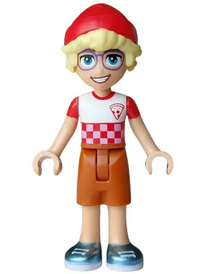 FRND0898:  Friends Olly - White T-Shirt Checkered with Pizza Slice, Dark Orange Shorts, Metallic Light Blue Shoes, Red Hat