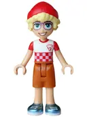 Minifigurka: FRND0898:  Friends Olly - White T-Shirt Checkered with Pizza Slice, Dark Orange Shorts, Metallic Light Blue Shoes, Red Hat