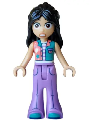 FRND0903:  Friends Liann - Coral and Dark Turquoise Vest, Medium Lavender Trousers Bell-Bottoms, Dark Turquoise Shoes, Terrified