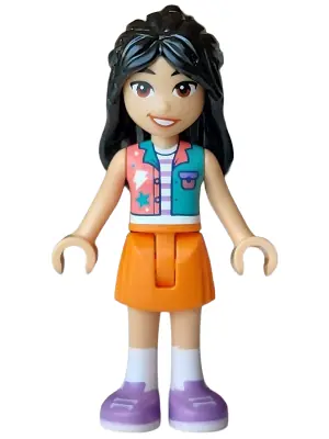 FRND0906:  Friends Liann - Coral and Dark Turquoise Vest, Orange Skirt, Medium Lavender Shoes