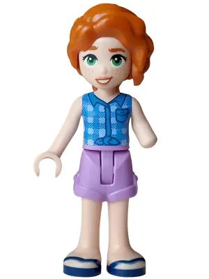 FRND0911:  Friends Autumn - Blue Tied Flannel Vest, Medium Lavender Shorts Folded Hem, Dark Blue Sandals