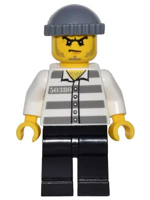 GAME009:  Police - Jail Prisoner 50380 Prison Stripes, Black Legs, Dark Bluish Gray Knit Cap, Beard Stubble and Scowl