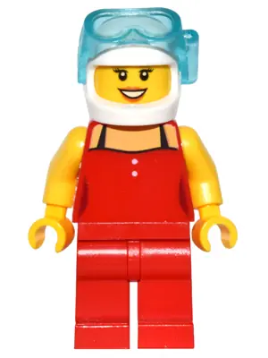 GAME010:  Red Female Top with 2 White Buttons and Black Straps, Red Legs, White Helmet, Scuba Mask, Dark Orange Lips, Open Mouth Smile