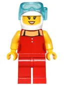 Minifigurka: GAME010:  Red Female Top with 2 White Buttons and Black Straps, Red Legs, White Helmet, Scuba Mask, Dark Orange Lips, Open Mouth Smile