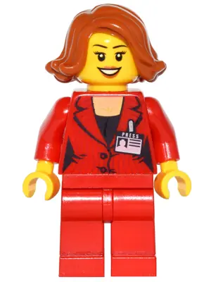 GAME011:  Press Woman / Reporter - Red Legs, Dark Orange Female Hair Short Swept Sideways, Dark Orange Lips, Open Mouth Smile