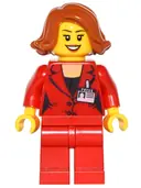 Minifigurka: GAME011:  Press Woman / Reporter - Red Legs, Dark Orange Female Hair Short Swept Sideways, Dark Orange Lips, Open Mouth Smile
