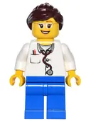 Minifigurka: GAME012:  Doctor - Lab Coat Stethoscope and Thermometer, Blue Legs, Dark Brown Ponytail and Swept Sideways Fringe, Glasses and Smile