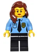 Minifigurka: GAME013:  Police - Female Officer, Black Legs, Reddish Brown Hair Mid-Length with Part over Right Shoulder, Crow's Feet and Beauty Mark