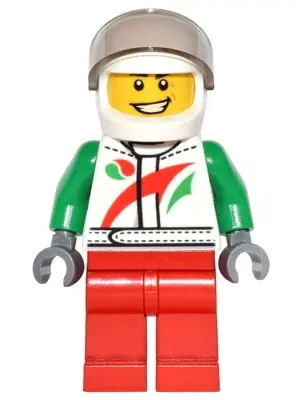 GAME014:  Octan - Jacket with Red and Green Stripe, Red Legs, White Helmet, Trans-Brown Visor, Crooked Smile and Laugh Lines