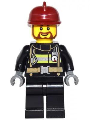 GAME015:  Fire - Reflective Stripes with Utility Belt, Black Legs, Dark Red Fire Helmet, Brown Beard Rounded