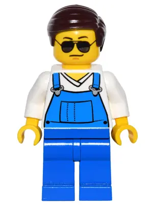 GAME016:  Overalls Blue over V-Neck Shirt, Blue Legs, Dark Brown Smooth Hair, Black and Silver Sunglasses, Black Eyebrows