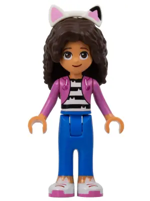 GDH001:  Gabby - Dark Pink Jacket over Black and White Striped Shirt, Blue Trousers