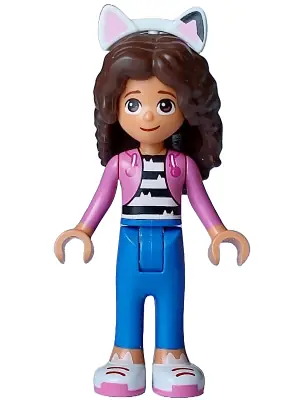 GDH010:  Gabby - Dark Pink Jacket over Black and White Striped Shirt, Blue Trousers, Dark Brown Hair with Internal Supports