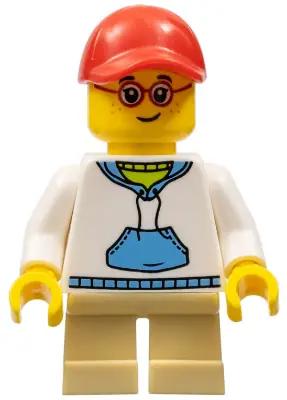 GEN106:  Child - Boy, White Hoodie with Medium Blue Pocket, Tan Short Legs, Red Cap, Glasses, Freckles