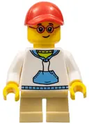 Minifigurka: GEN106:  Child - Boy, White Hoodie with Medium Blue Pocket, Tan Short Legs, Red Cap, Glasses, Freckles