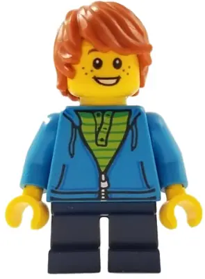 GEN108:  Child - Boy, Dark Azure Hoodie, Dark Blue Short Legs, Dark Orange Tousled Hair, Freckles, Smile with Teeth