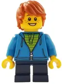 Minifigurka: GEN108:  Child - Boy, Dark Azure Hoodie, Dark Blue Short Legs, Dark Orange Tousled Hair, Freckles, Smile with Teeth
