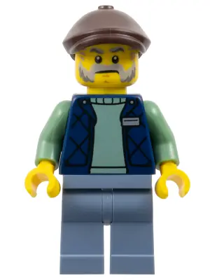 GEN190:  Corner Kiosk Vendor - Male, Dark Blue Bodywarmer over Sand Green Sweater, Sand Blue Legs, Dark Brown Flat Cap