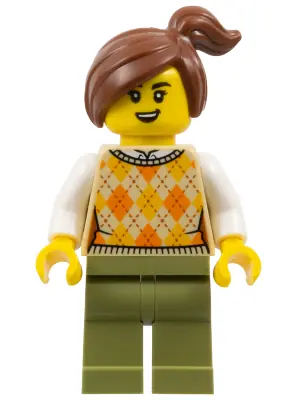 GEN191:  Corner Kiosk Customer - Female, Tan Knit Argyle Sweater Vest, Olive Green Legs, Reddish Brown Side Ponytail