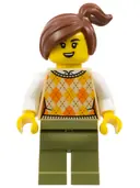 Minifigurka: GEN191:  Corner Kiosk Customer - Female, Tan Knit Argyle Sweater Vest, Olive Green Legs, Reddish Brown Side Ponytail