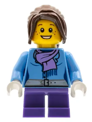 HOL026:  Medium Blue Jacket with Light Purple Scarf, Dark Purple Short Legs, Dark Brown Hair Ponytail Long with Side Bangs
