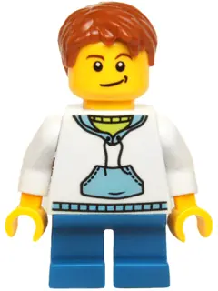 HOL037:  Child - Boy, White Hoodie with Medium Blue Pocket, Blue Short Legs, Dark Orange Hair, Black Dimple