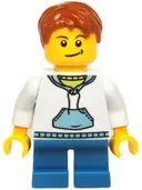 Minifigurka: HOL037:  Child - Boy, White Hoodie with Medium Blue Pocket, Blue Short Legs, Dark Orange Hair, Black Dimple