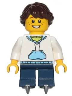 HOL052:  Child - Girl, White Hoodie with Medium Blue Pocket, Dark Blue Short Legs, Dark Brown Braided Ponytail Hair, Ice Skates, Freckles