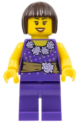 HOL053:  Female Dark Purple Blouse with Gold Sash and Flowers, Dark Purple Legs, Dark Brown Bob Cut Hair