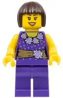 Minifigurka: HOL053:  Female Dark Purple Blouse with Gold Sash and Flowers, Dark Purple Legs, Dark Brown Bob Cut Hair