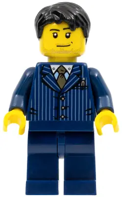 HOL054:  Businessman - Pinstripe Jacket and Gold Tie, Dark Blue Legs, Black Short Tousled Hair, Smirk and Stubble