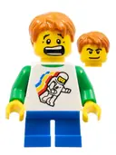 Minifigurka: HOL056:  Classic Space Minifigure Floating Pattern, Blue Short Legs, Dark Orange Short Tousled Hair