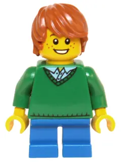 HOL058:  Child - Boy, Green V-Neck Sweater, Blue Short Legs, Dark Orange Tousled Hair, Freckles