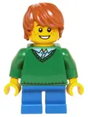 Minifigurka: HOL058:  Child - Boy, Green V-Neck Sweater, Blue Short Legs, Dark Orange Tousled Hair, Freckles