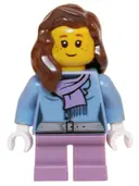Minifigurka: HOL059:  Medium Blue Jacket with Light Purple Scarf, Medium Lavender Short Legs, Reddish Brown Female Hair over Shoulder