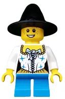 Minifigurka: HOL062:  Girl, Black Wizard / Witch Hat, Pirate Female Corset, Short Dark Azure Legs, Freckles