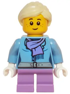 HOL066:  Medium Blue Jacket with Light Purple Scarf, Medium Lavender Short Legs, Bright Light Yellow Ponytail and Swept Sideways Fringe