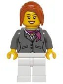 Minifigurka: HOL068:  Dark Bluish Gray Jacket with Magenta Scarf, White Legs, Dark Orange Hair Ponytail Long with Side Bangs