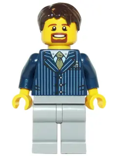 HOL069:  Businessman Pinstripe Jacket and Gold Tie, Light Bluish Gray Legs, Dark Brown Hair Short Tousled with Side Part