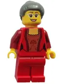 Minifigurka: HOL072:  Female Corset with Gold Panel Front and Lace Up Back Pattern, Red Legs, Dark Bluish Gray Hair with Top Knot Bun (Thanksgiving Mom)