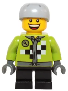 HOL073:  Lime Jacket with Wrench and Black and White Checkered Pattern, Short Black Legs, Sports Helmet with Vent Holes