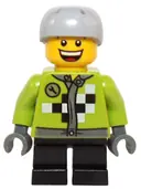Minifigurka: HOL073:  Lime Jacket with Wrench and Black and White Checkered Pattern, Short Black Legs, Sports Helmet with Vent Holes