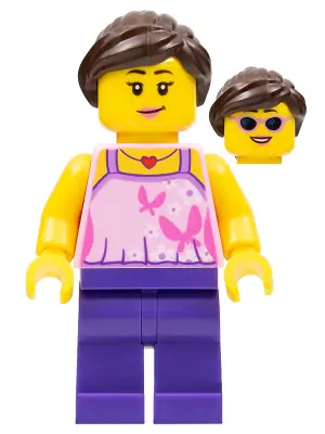 HOL083:  Girl, Bright Pink Top with Butterflies and Flowers, Dark Purple Legs, Dark Brown Hair Ponytail and Swept Sideways Fringe