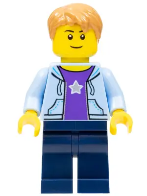 HOL084:  Boy, Bright Light Blue Hoodie with White Star, Dark Blue Legs, Medium Nougat Hair Short Tousled with Side Part