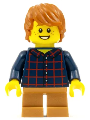 HOL088:  Child - Boy, Dark Blue Plaid Button Shirt, Medium Nougat Short Legs, Dark Orange Tousled Hair, Freckles