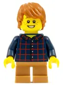 Minifigurka: HOL088:  Child - Boy, Dark Blue Plaid Button Shirt, Medium Nougat Short Legs, Dark Orange Tousled Hair, Freckles