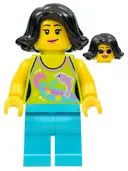 Minifigurka: HOL089:  Female Lime Halter Top with Dolphin Pattern, Medium Azure Legs, Black Female Hair Short Swept Sideways
