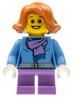 HOL097:  Christmas Train Ride Passenger - Medium Blue Jacket with Medium Lavender Scarf with Fringe and Black Belt Buckle, Short Legs