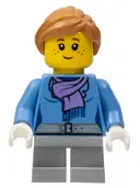 Minifigurka: HOL099:  Medium Blue Jacket with Light Purple Scarf, Light Bluish Gray Short Legs, Freckles